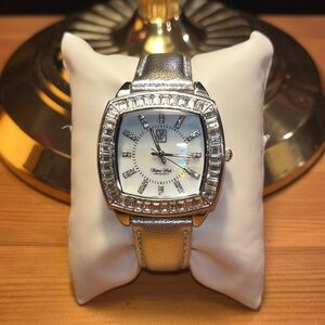 Victoria Wieck Watch Women Silver Tone Pave Bezel Leather Band Watch